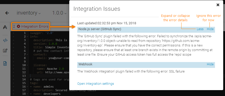 Viewing integration errors