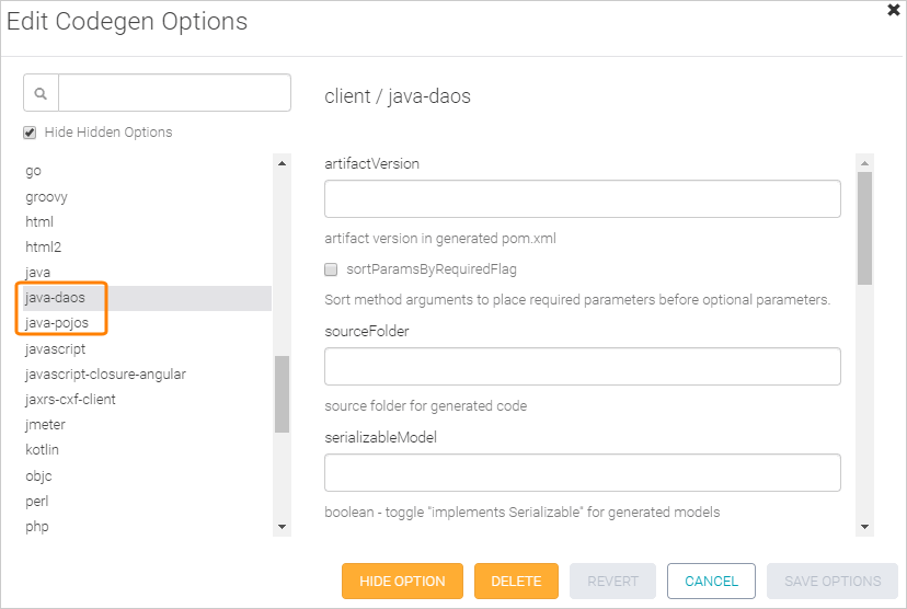 Custom codegen options