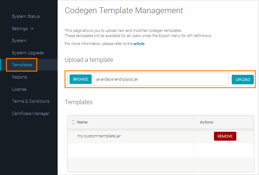 Uploading codegen templates
