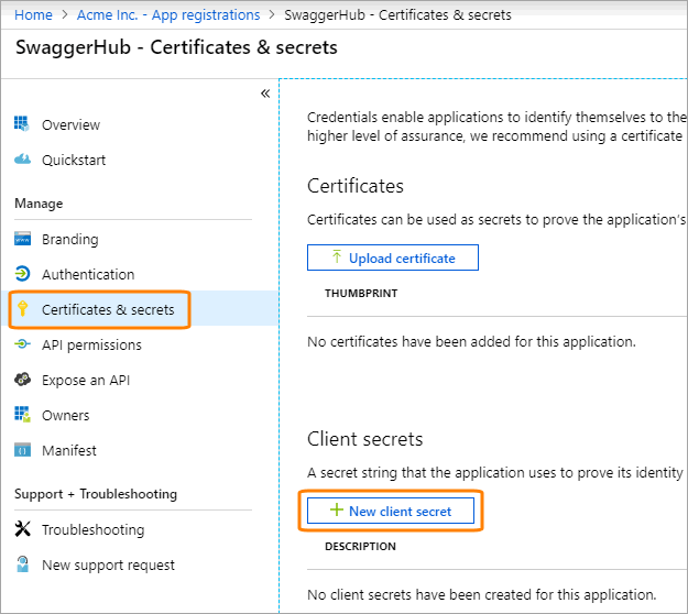 Creating a new client secret for an Azure application